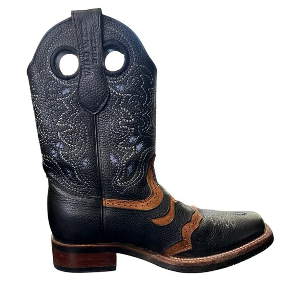Wild West Leather Boots Square Toe Black Brown Cowboy Rodeo Mens Size 6.5 EE - Picture 6 of 9